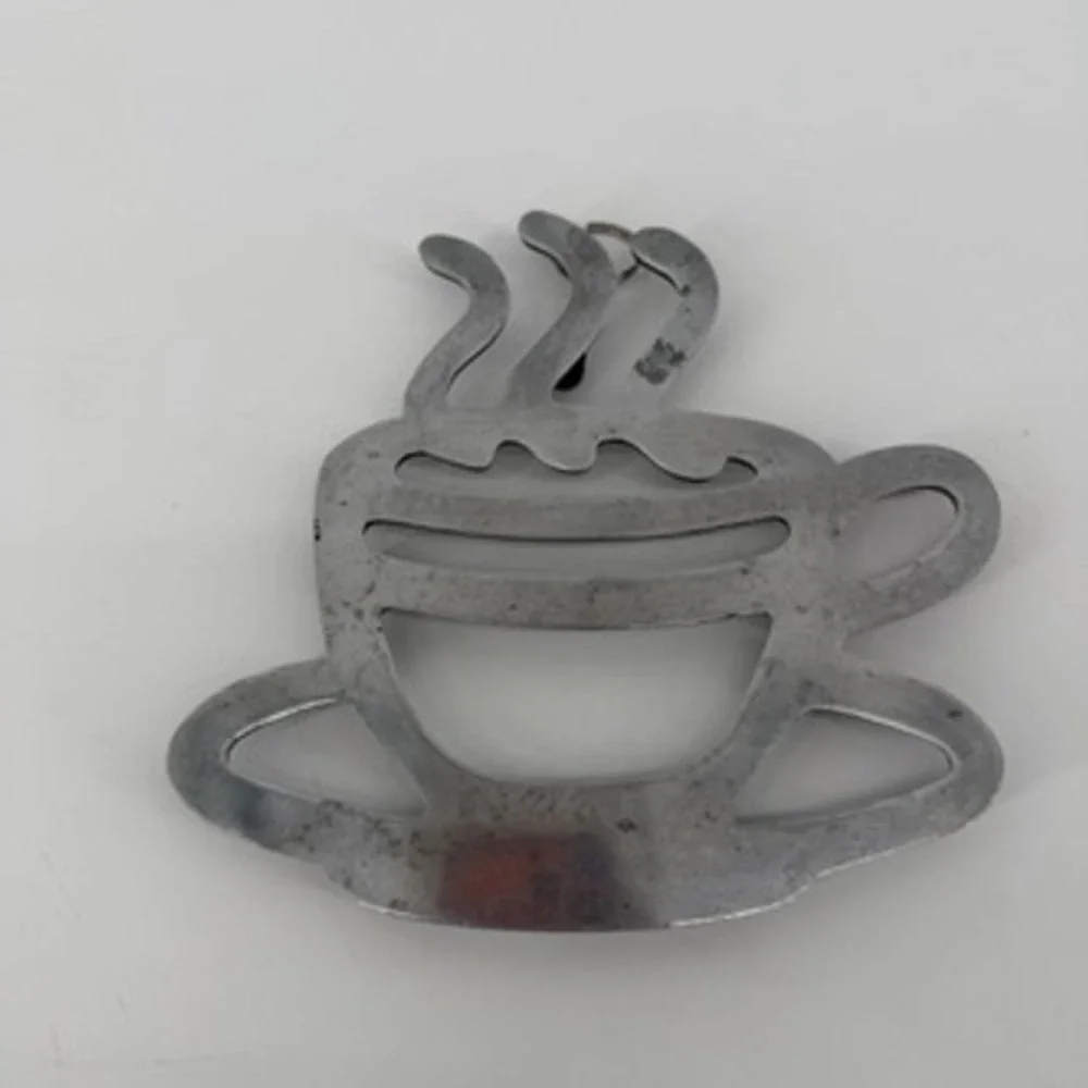 Vintage Silver Cast Metal Coffee Cup Trivet Wall Decor Steaming Mug 7x8 Inch